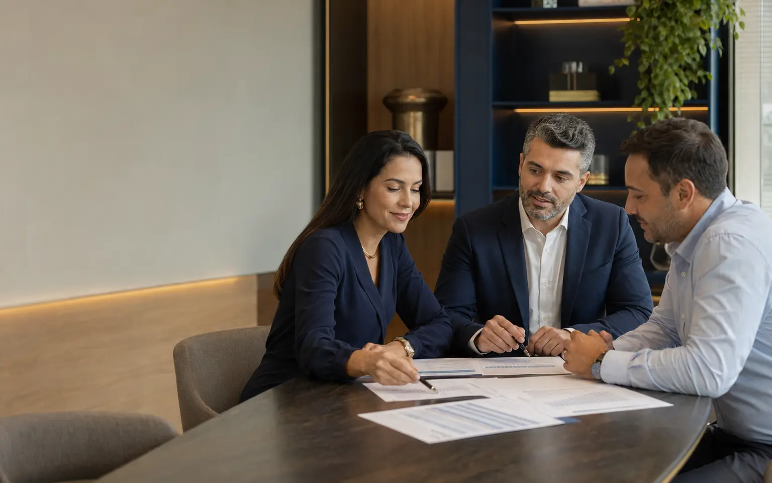 Profissionais analisando informações financeiras em uma reunião
